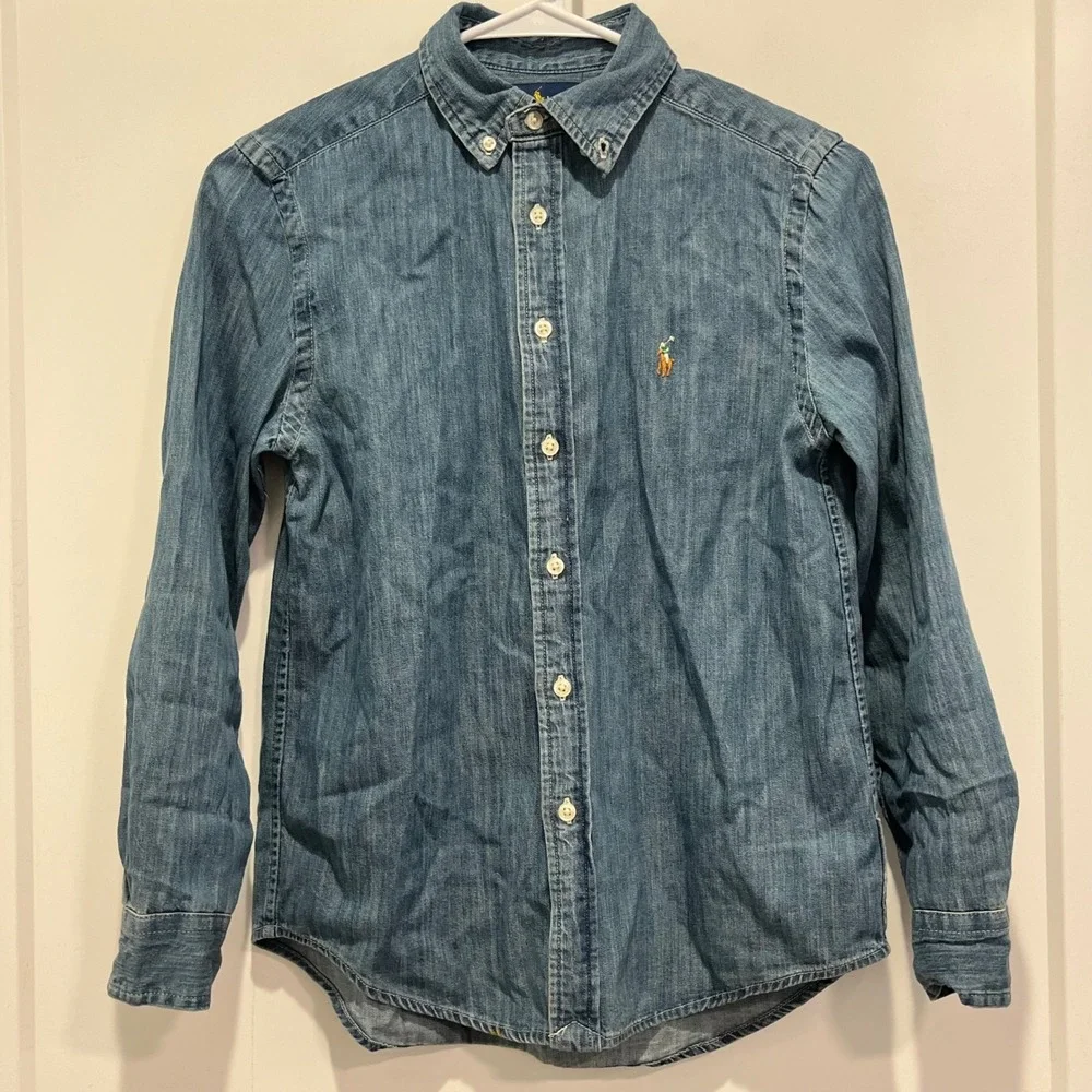 Ralph Lauren Boy Denim Button Down Shirt Medium 10-12 Blue Long Sleeve Pony Logo